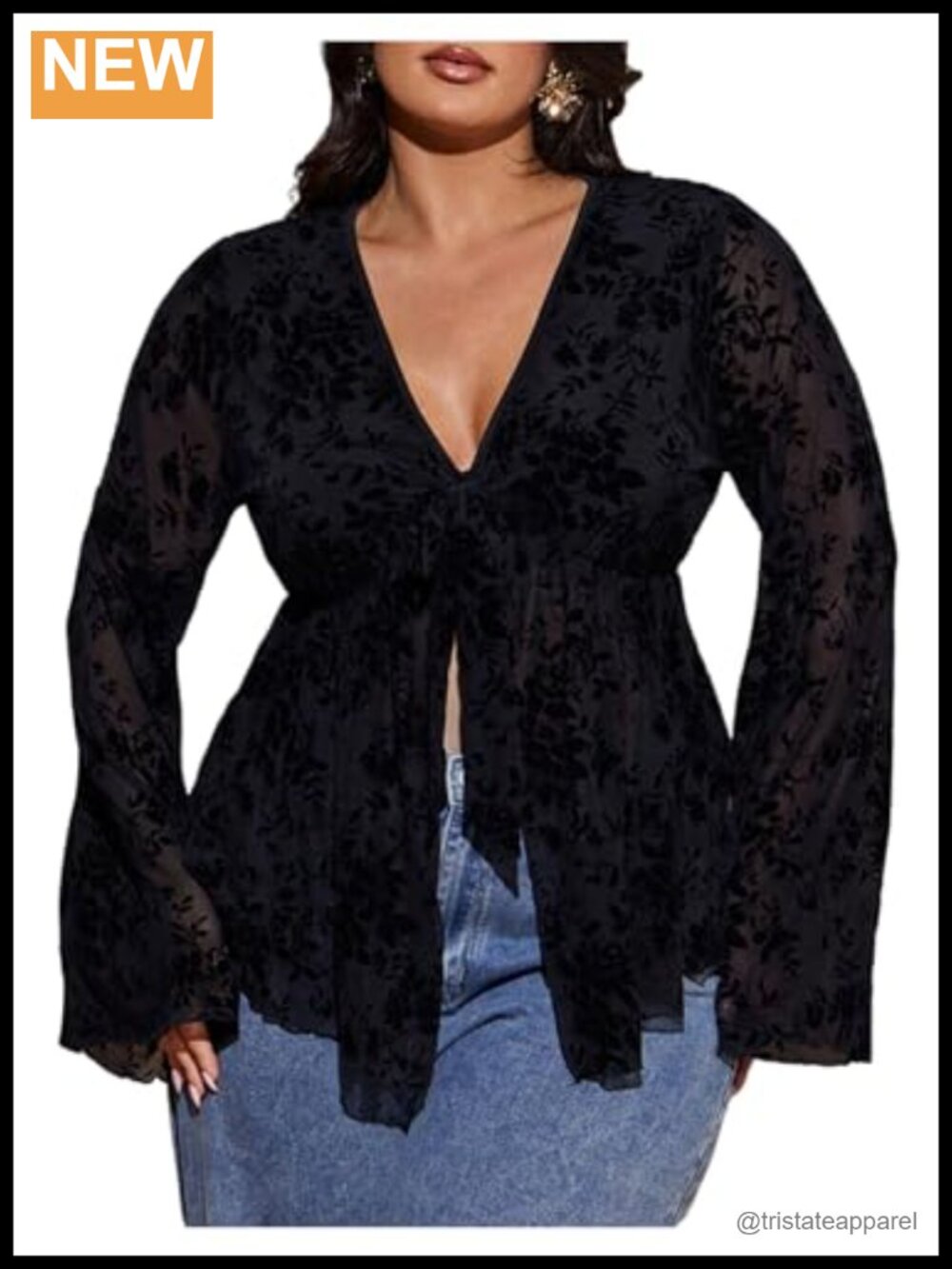 Plus Size Boho Bell Sleeve Floral Mesh Peplum Blouse